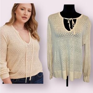 Torrid Pointelle Pullover Sweater Tie Neck Beige Size 1X